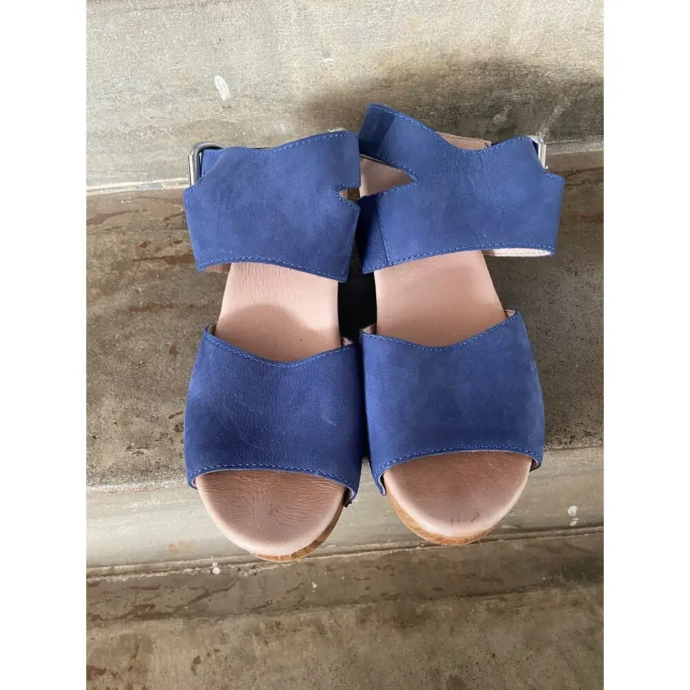 Dansko Minka navy blue nubuck leather ankle strap platform sandal w/ block heel